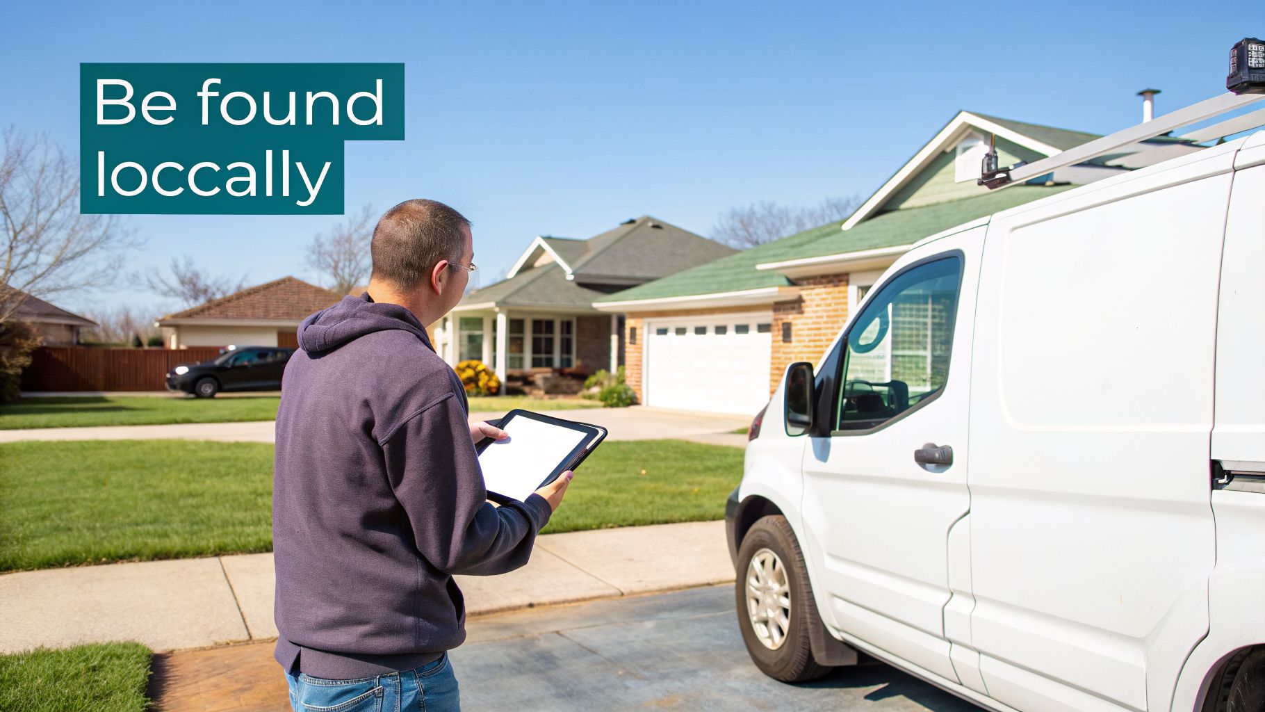 A service technician holds a tablet next to a white van in a suburban neighborhood, illustrating local business services.