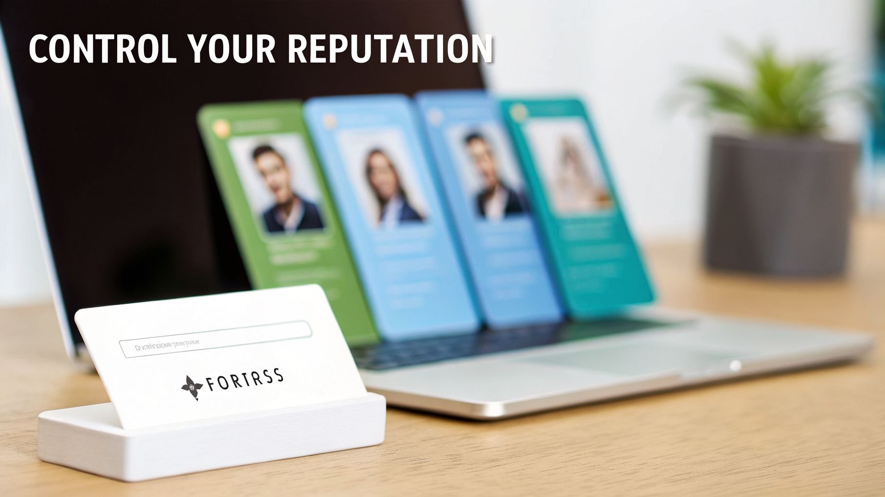 A laptop displaying profile cards, a FORTRSS card, and the text 'CONTROL YOUR REPUTATION'.