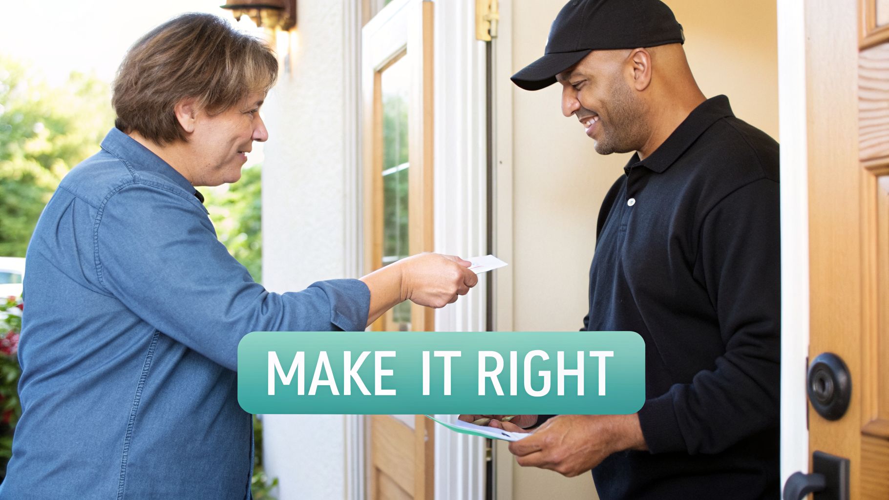 A customer gives a white feedback card to a smiling delivery man at a doorway.