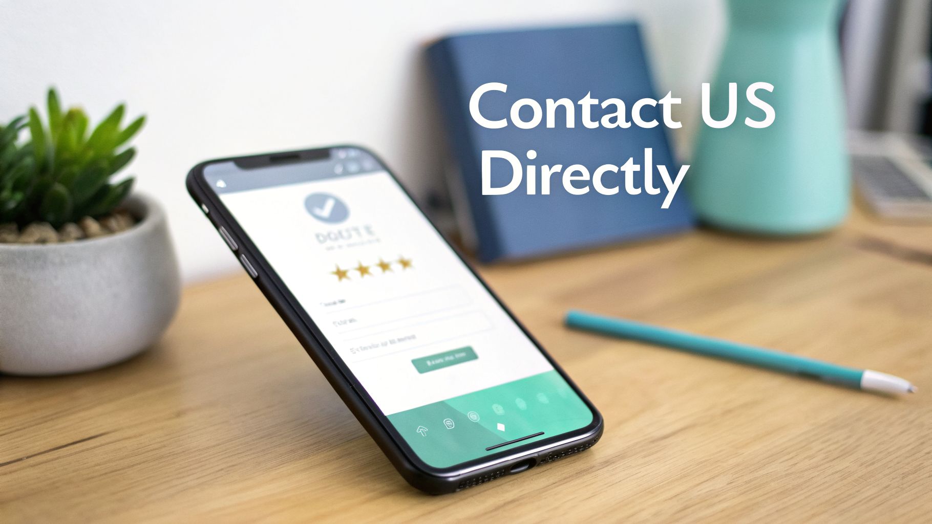 A smartphone displays a customer review app with four stars on a wooden desk, overlaid with 'Contact US Directly'.