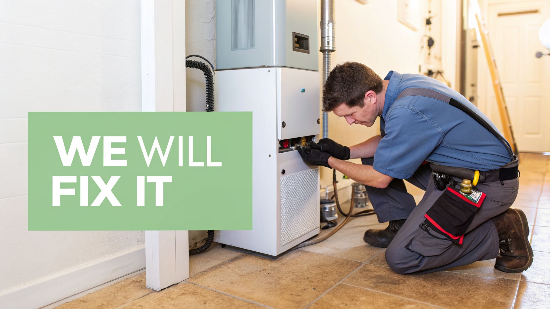 A male technician wearing gloves kneels to fix a large white furnace or boiler, with a 'WE WILL FIX IT' sign.