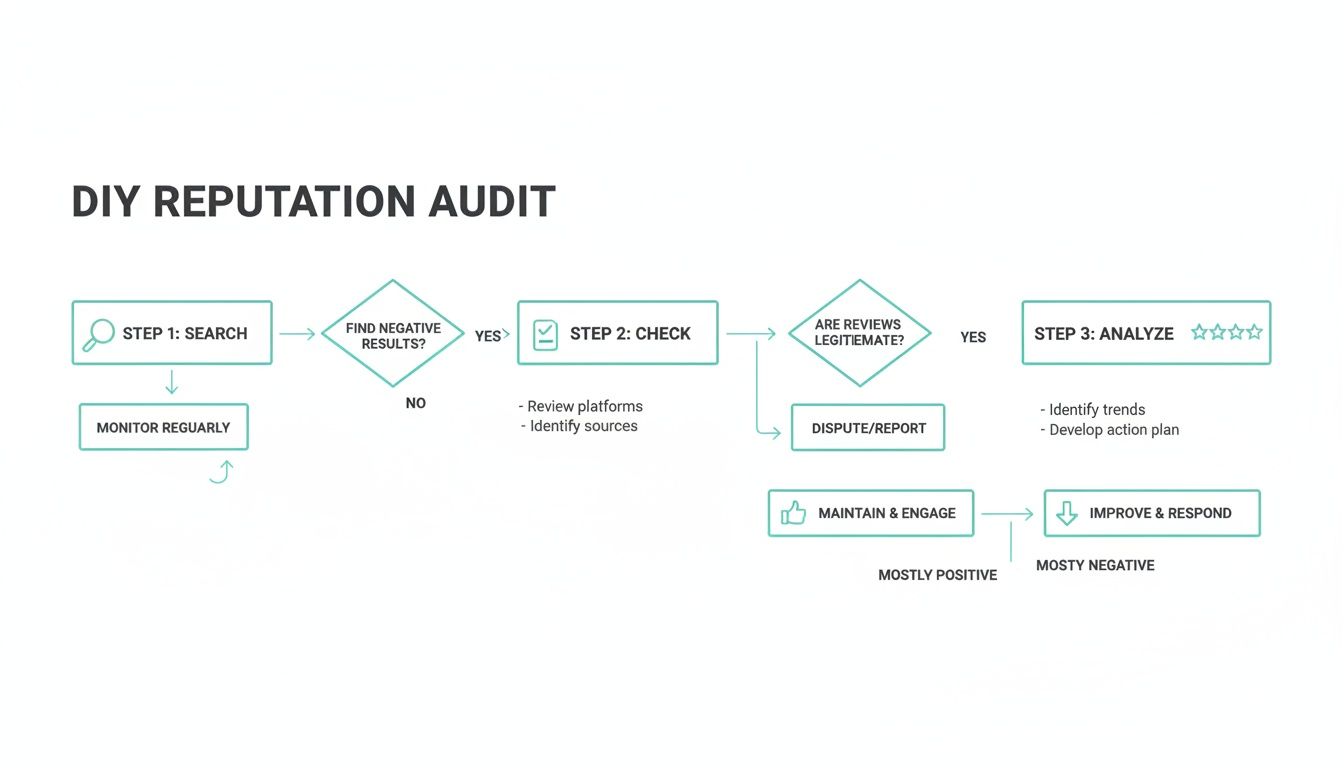 Flowchart detailing a DIY reputation audit process with steps, decisions, and actions.