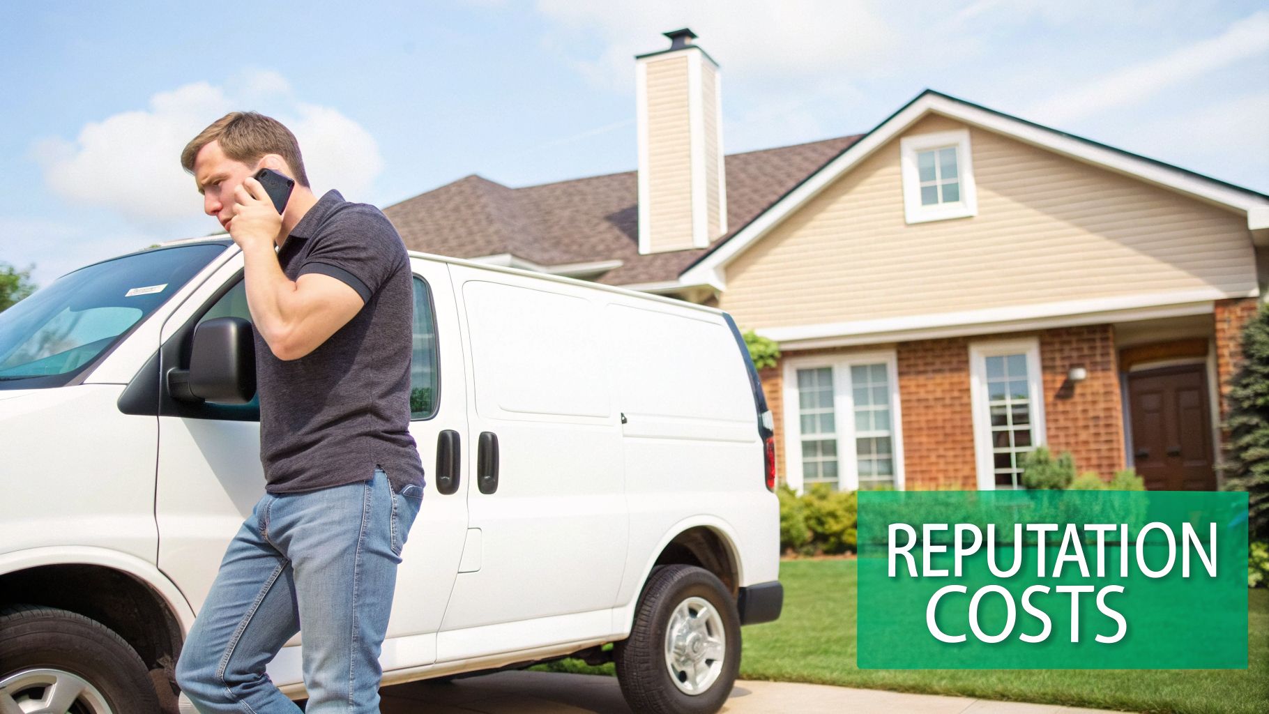 A concerned man talks on the phone while leaning on a white service van, with 'REPUTATION COSTS' text overlay.