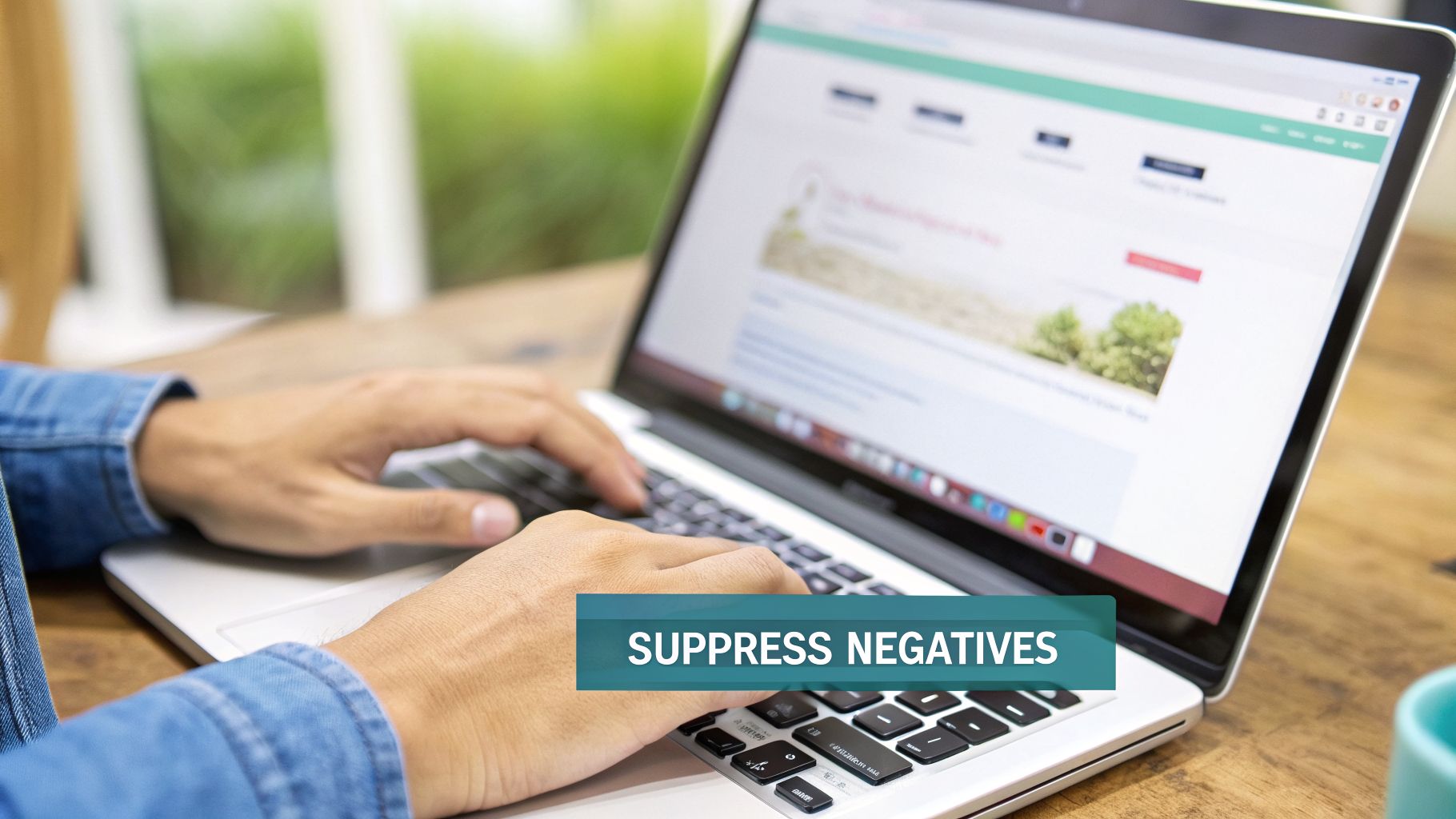 Person typing on a laptop with 'SUPPRESS NEGATIVES' banner, suggesting online reputation management.