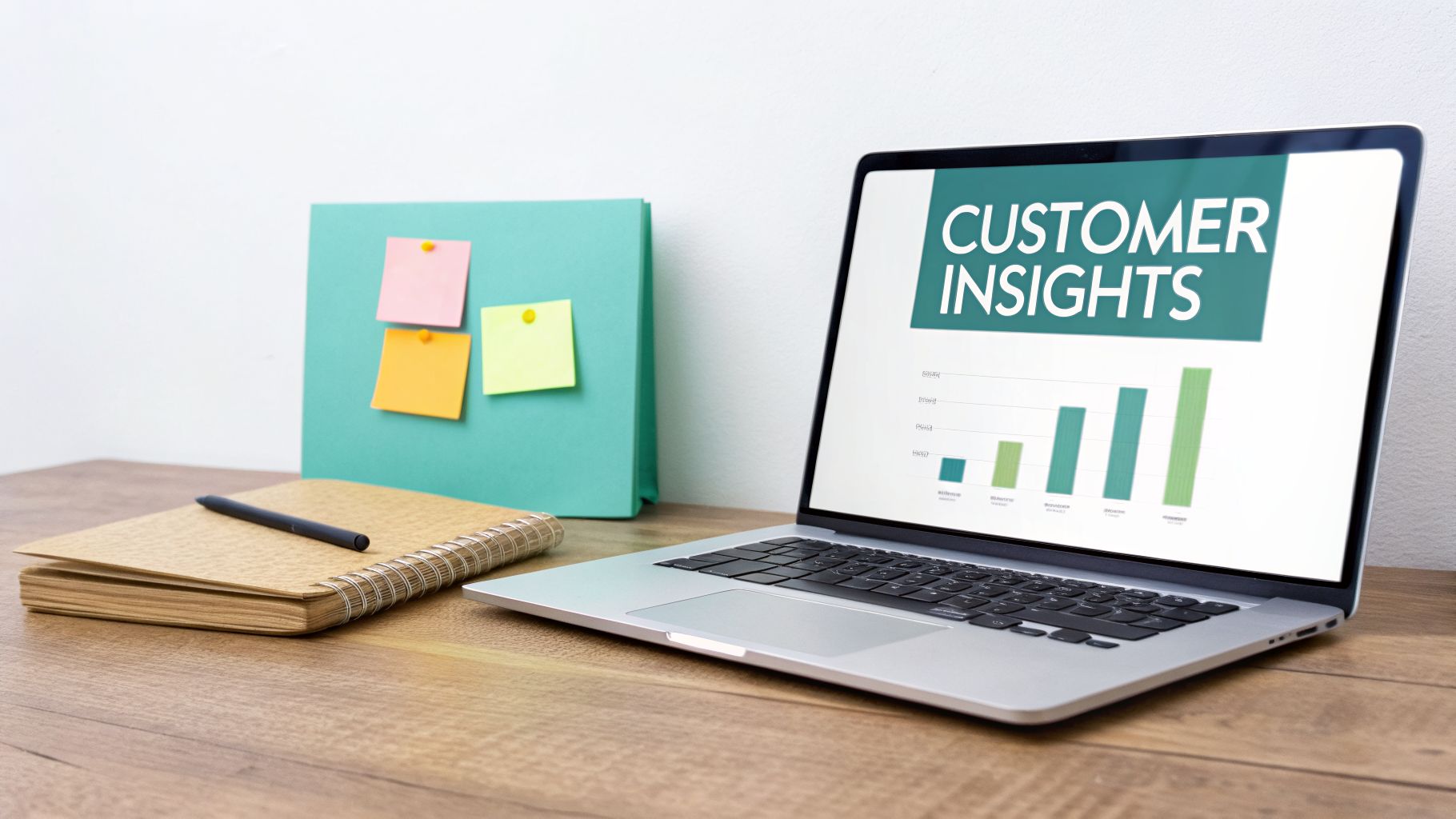 A laptop displays 'Customer Insights' with a bar chart, alongside a notebook, pen, and sticky notes.