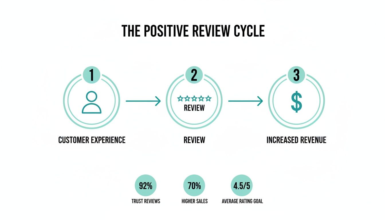 A diagram illustrating the positive review cycle: customer experience, reviews, increased revenue, with supporting statistics.