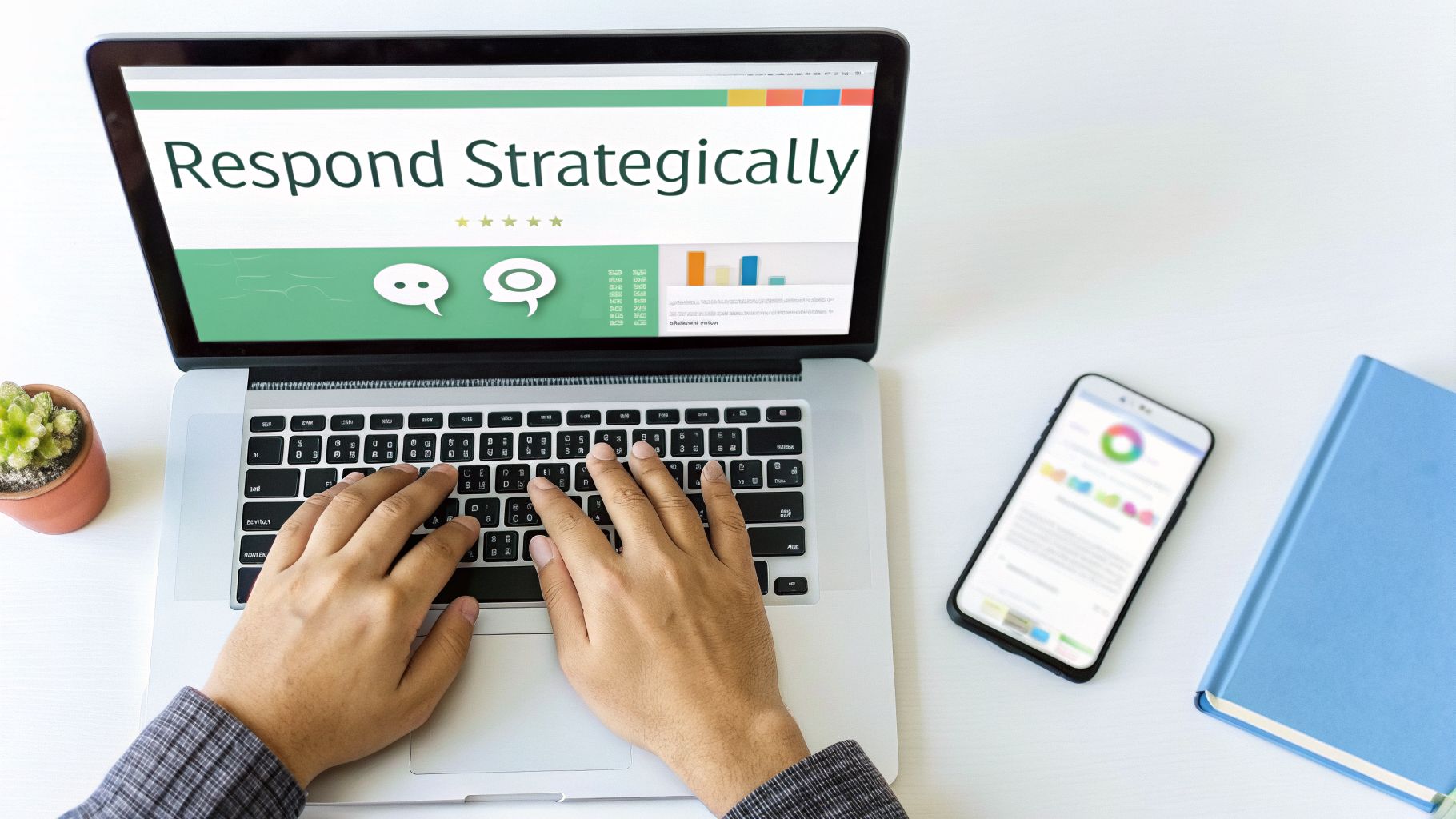 Hands typing on a laptop with 'Respond Strategically' on screen, alongside a phone and book.