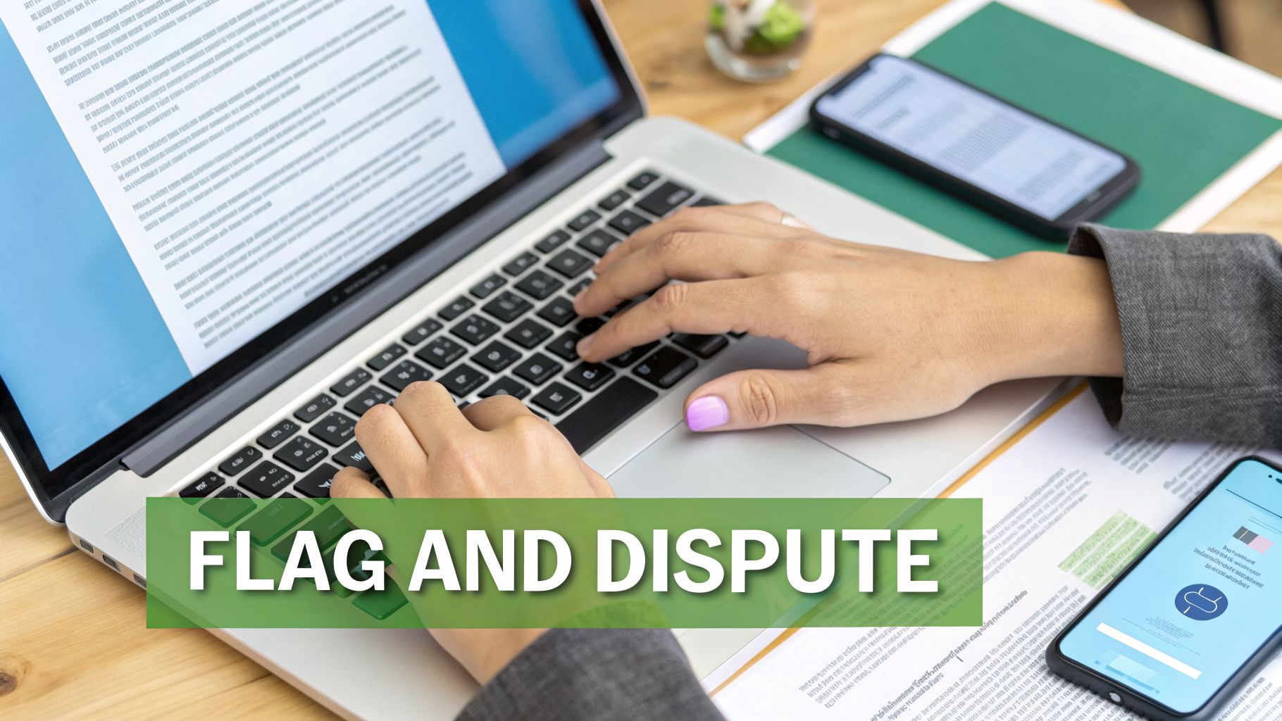 A person typing on a laptop with "FLAG AND DISPUTE" text overlay and documents on a desk.