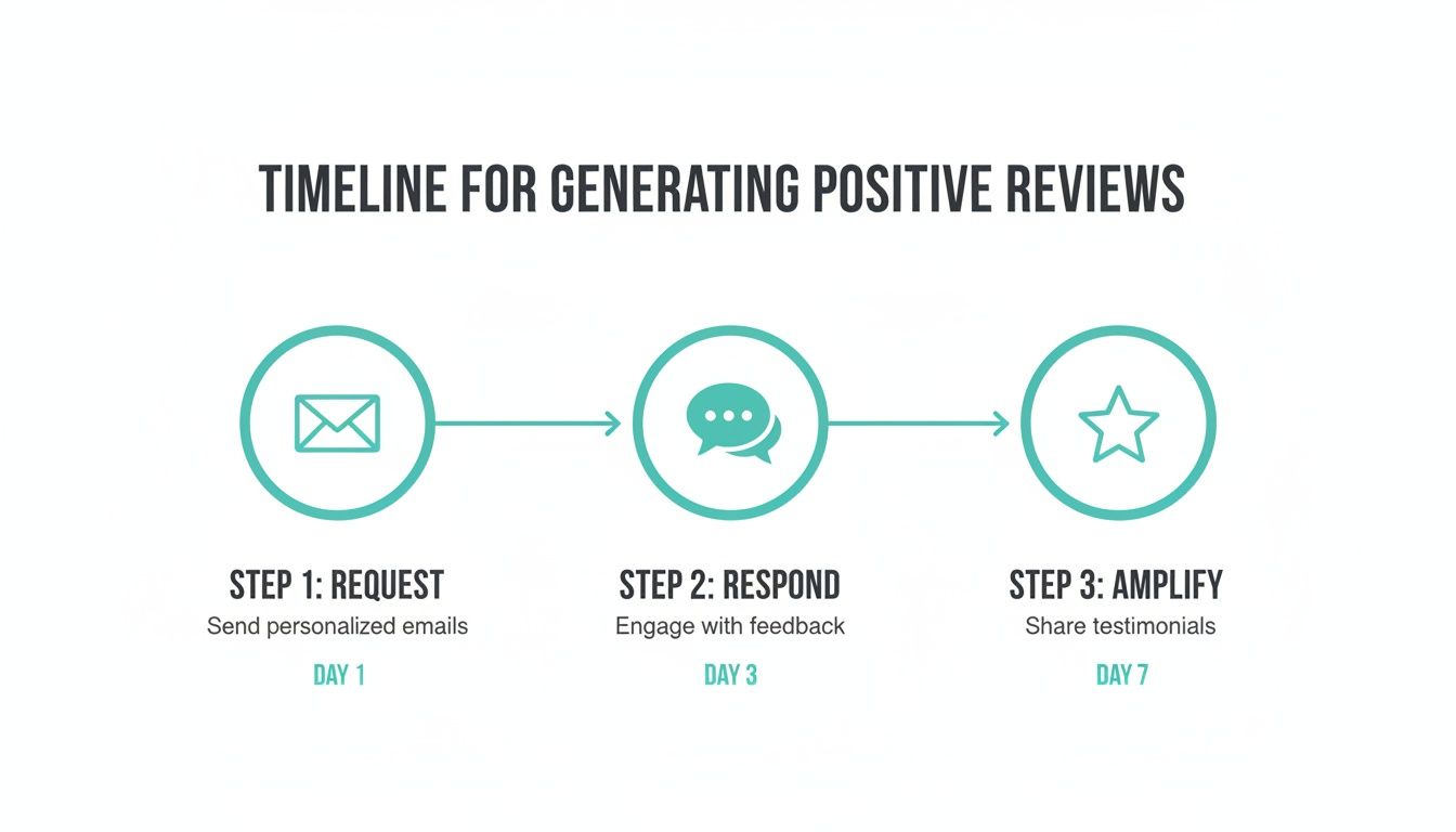 A 3-step timeline for generating positive customer reviews: Request, Respond, Amplify.