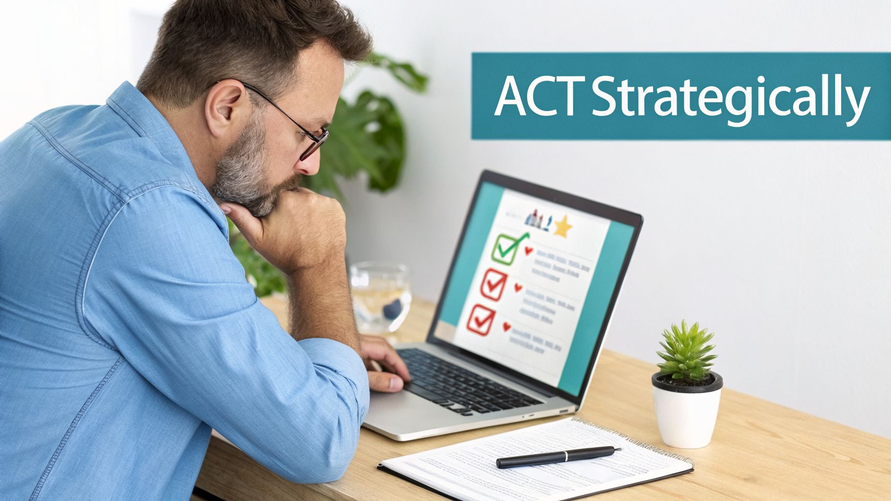 A man in glasses thoughtfully analyzes a checklist on a laptop, with 'ACT Strategically' banner.