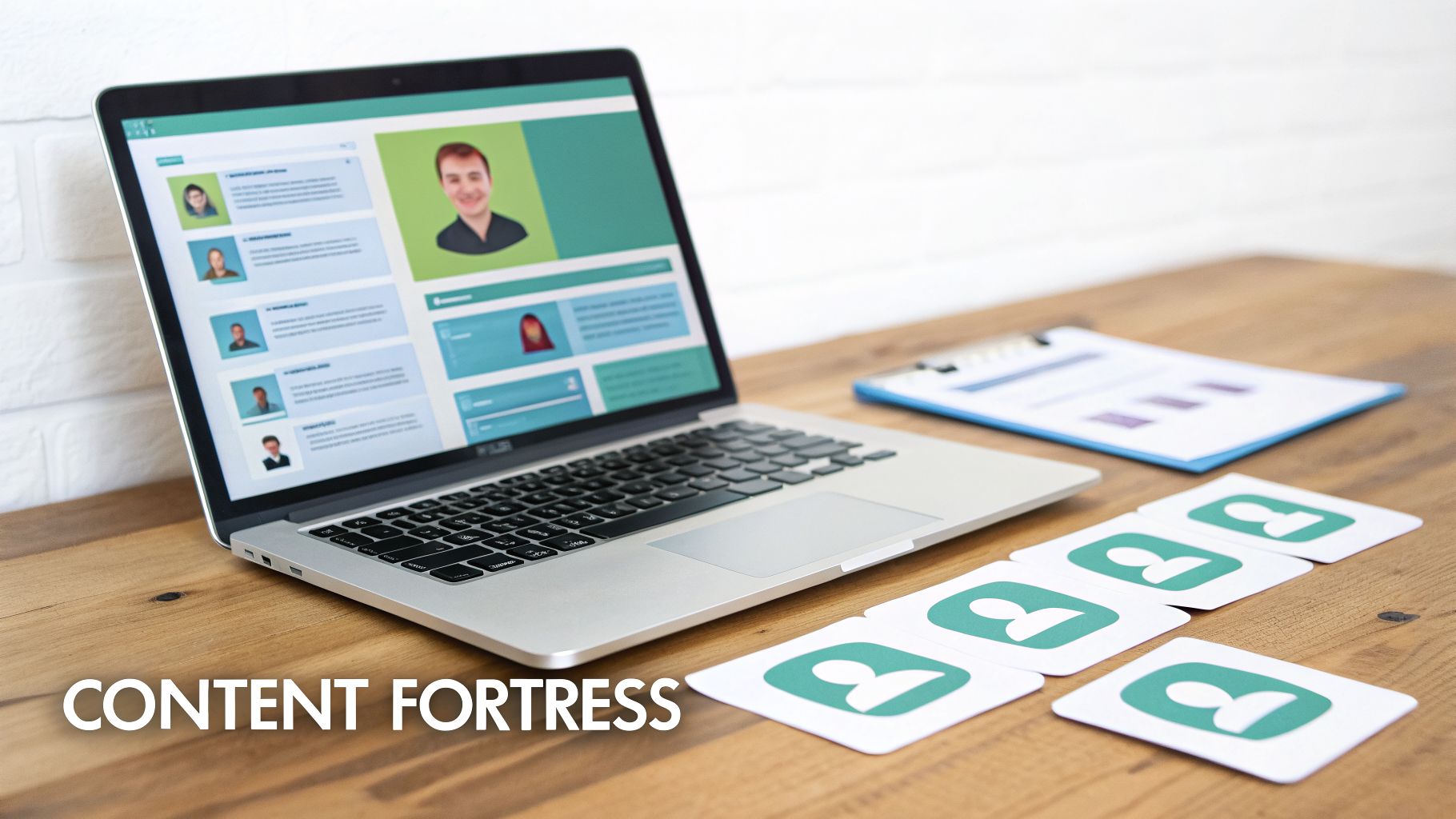 A laptop displaying user profiles sits on a wooden desk, surrounded by teal person-icon cards and a clipboard.