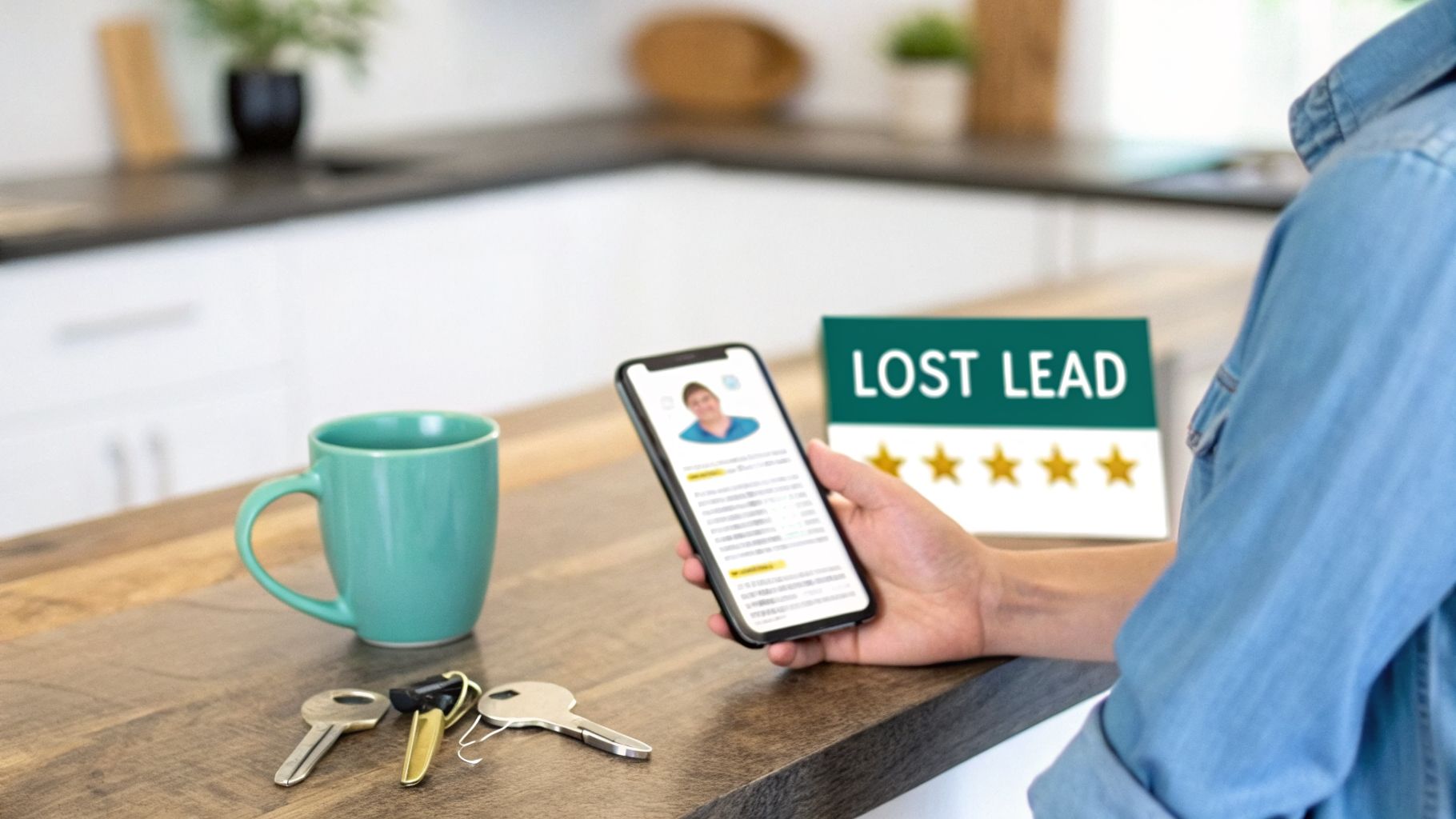 A person holds a smartphone showing a profile, next to a 'LOST LEAD' sign with four stars on a wooden counter.
