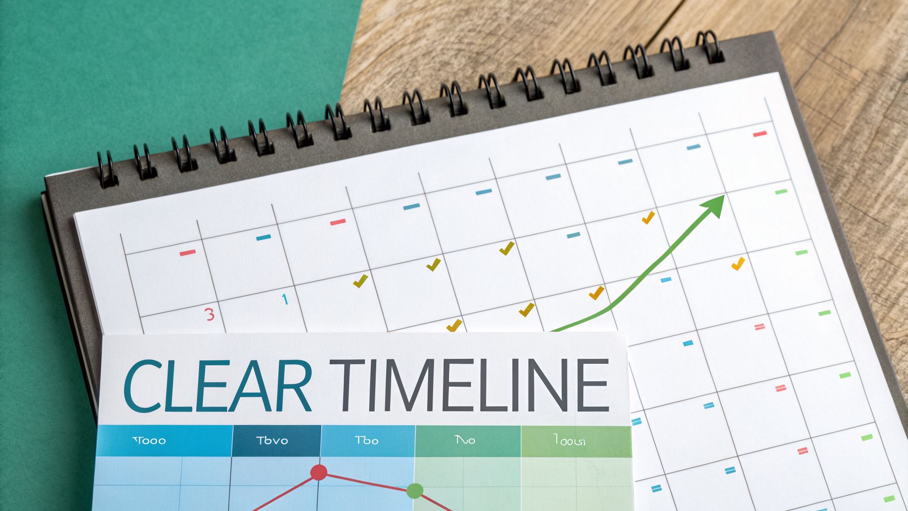 A desk calendar with checkmarks and an upward arrow, featuring a document titled 'CLEAR TIMELINE'.