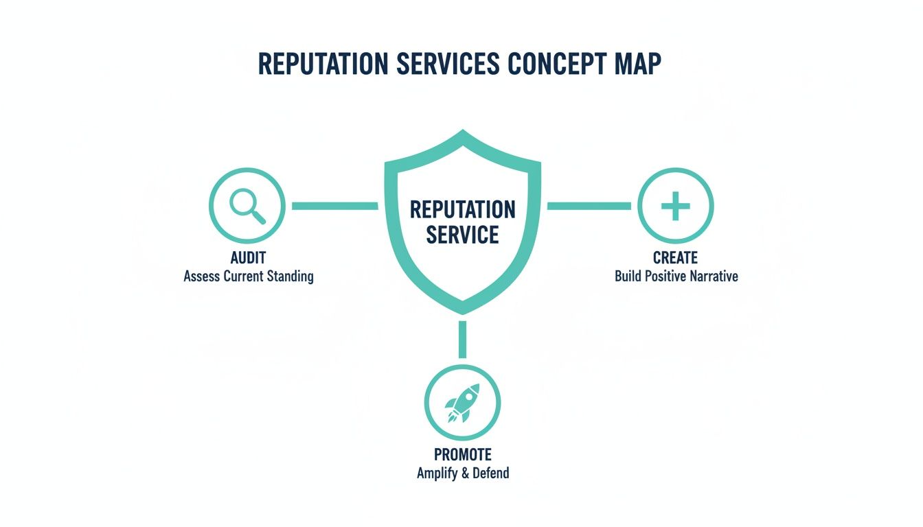 Reputation services concept map illustrating audit, create, and promote strategies for reputation management.
