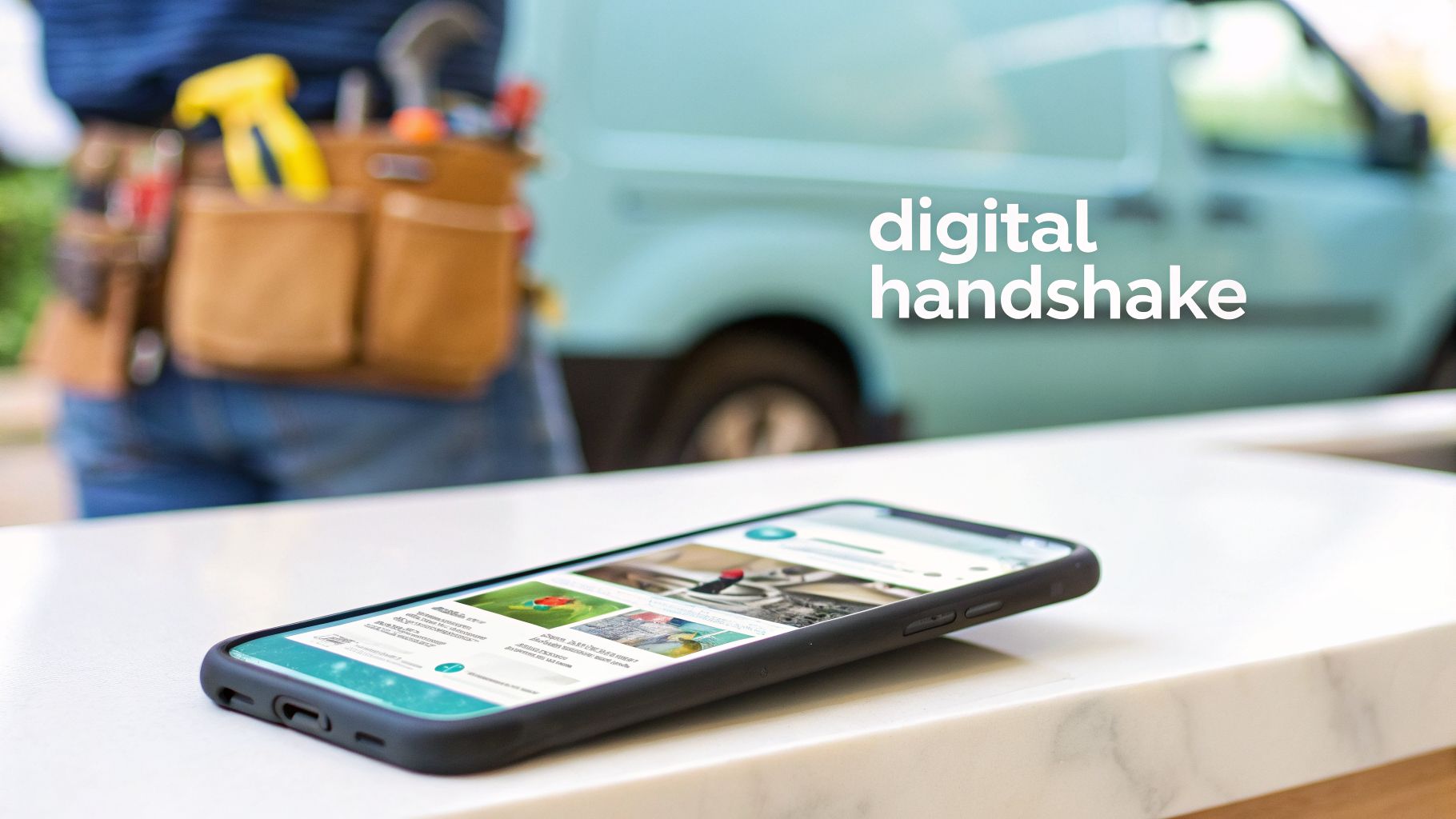 A smartphone on a counter shows 'digital handshake', with a blurred tradesperson and service van in the background.