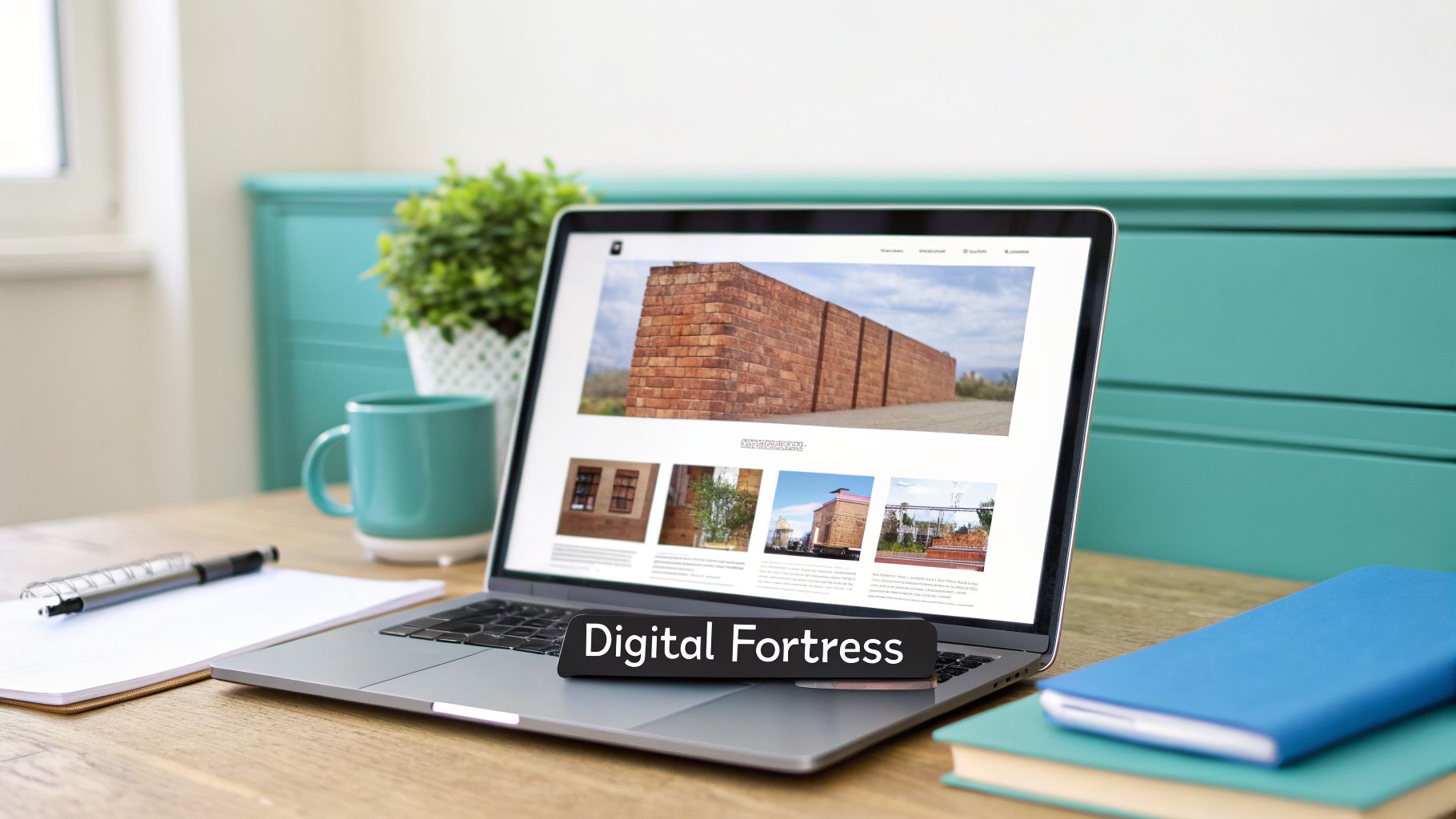 A laptop on a wooden desk displaying a "Digital Fortress" website with brick wall images, alongside a pen, notebook, and teal mug.