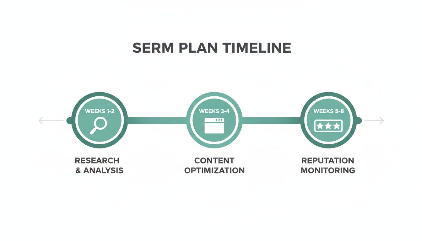 Timeline for a Search Engine Reputation Management (SERM) plan, showing research, content optimization, and reputation monitoring phases.