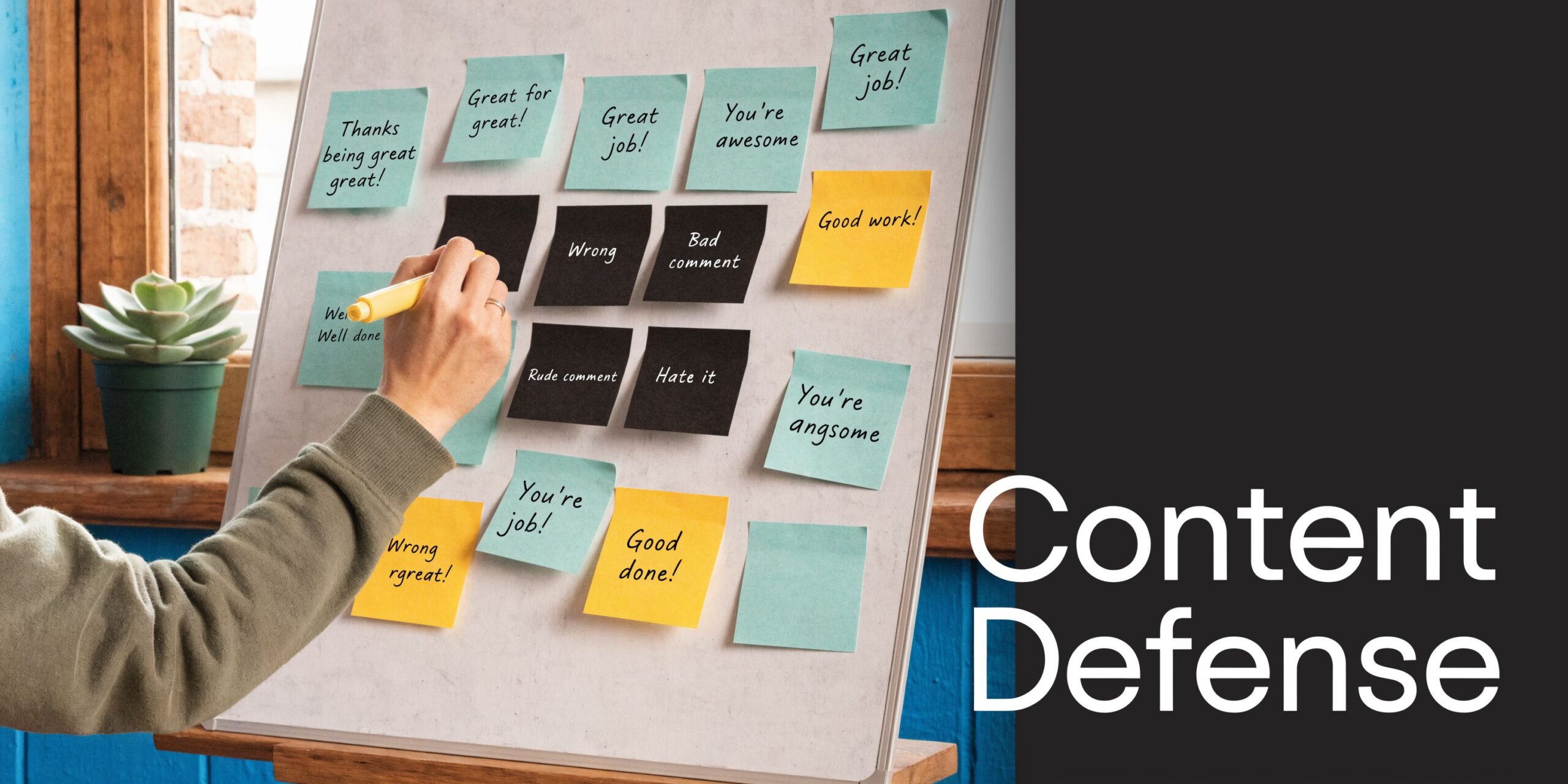 A person writing on a whiteboard with sticky notes displaying positive and negative online reviews and comments.