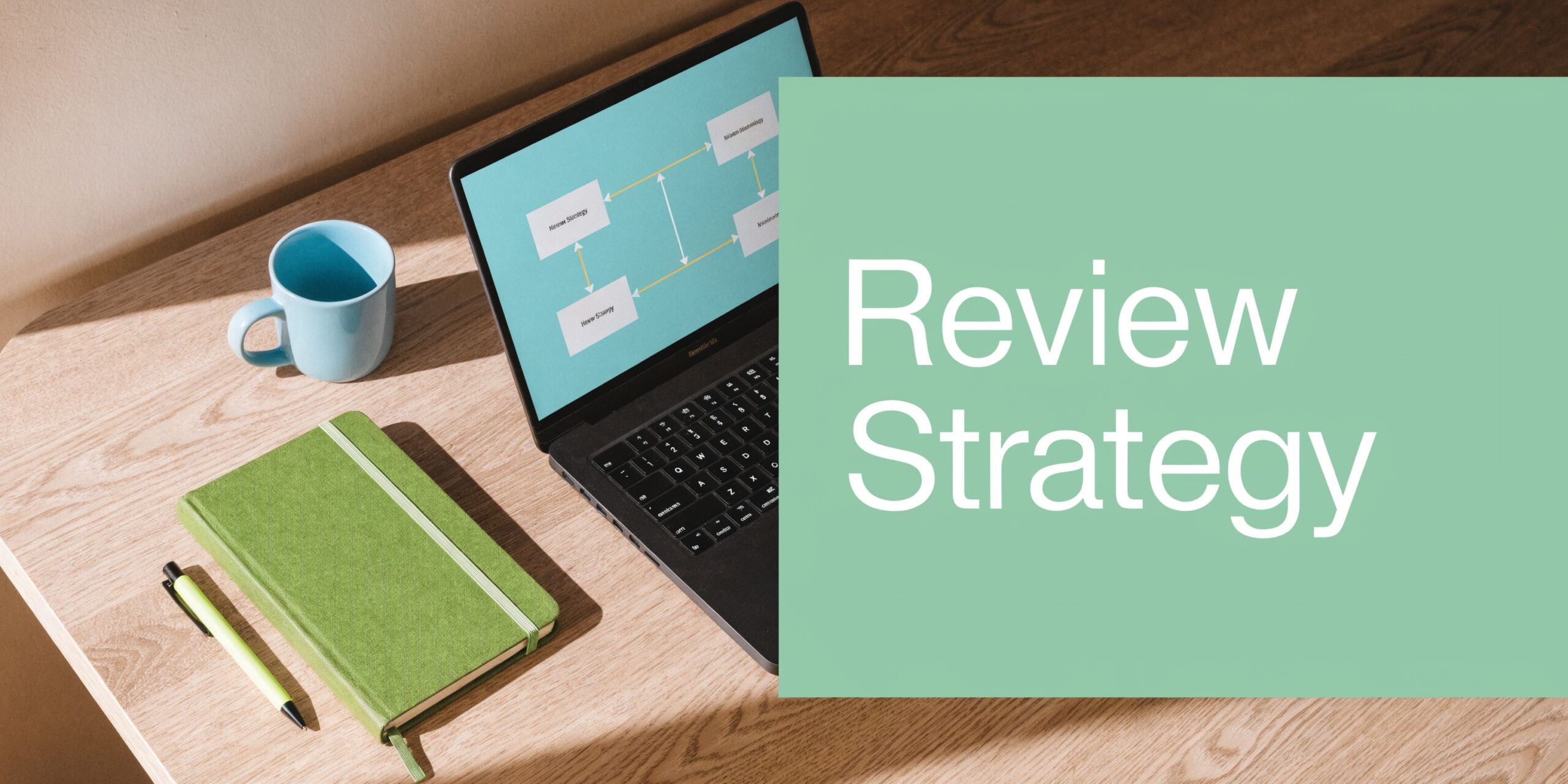 A top-down view of a modern desk with a laptop, green notebook, pen, and a coffee mug.