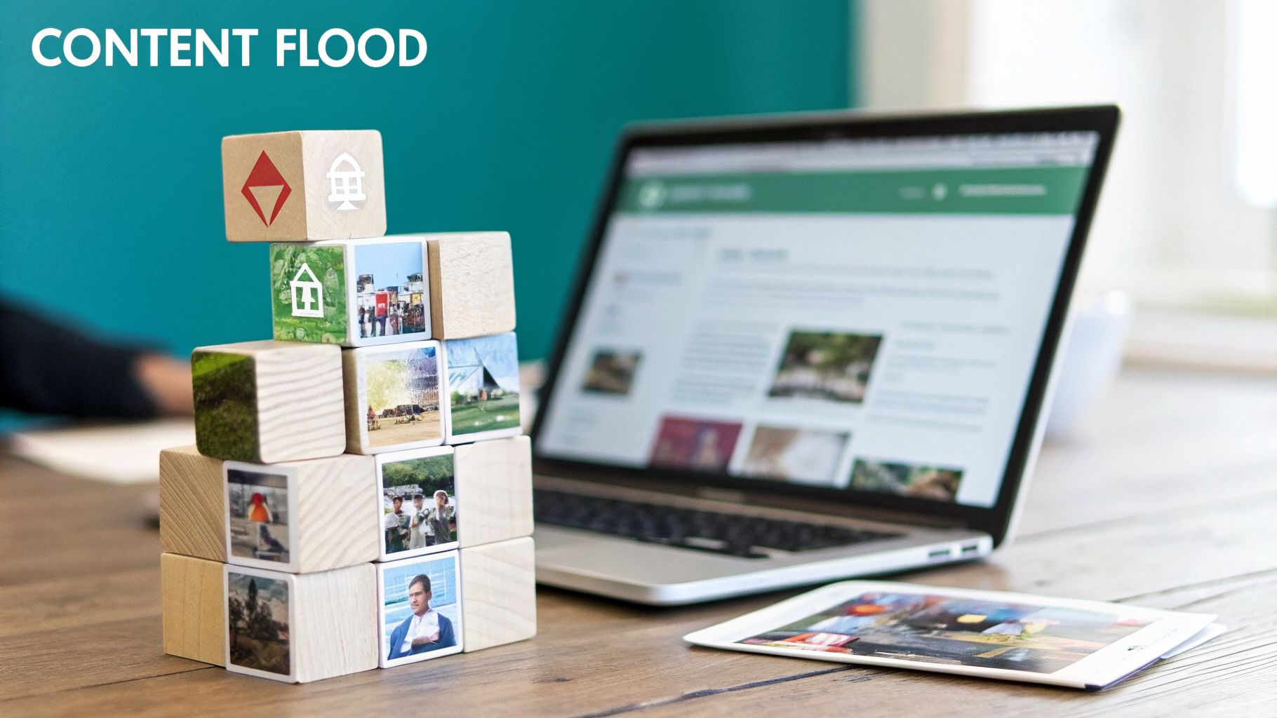 Stack of content blocks next to a laptop and tablet, illustrating a content flood.
