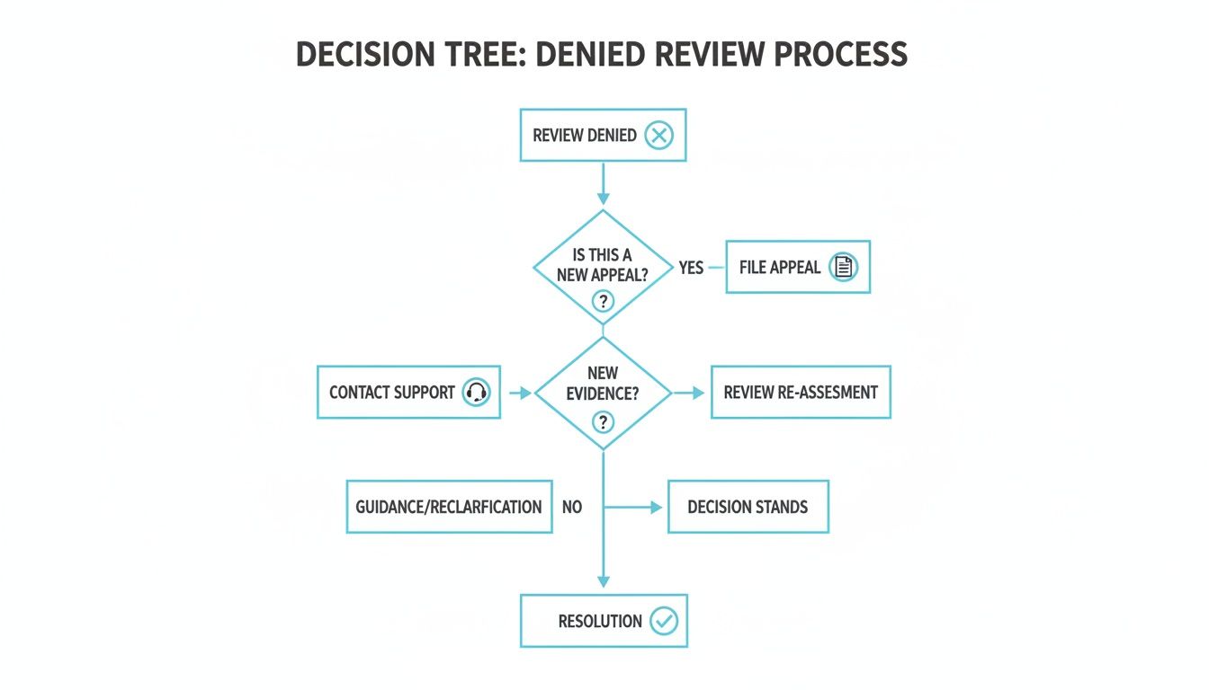 Flowchart illustrating the denied review process, detailing steps for new appeals, evidence, and resolution.