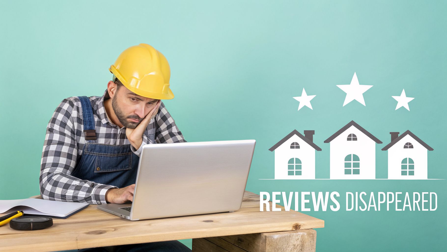 A sad construction worker looking at his laptop, with houses, stars, and 'REVIEWS DISAPPEARED' text.