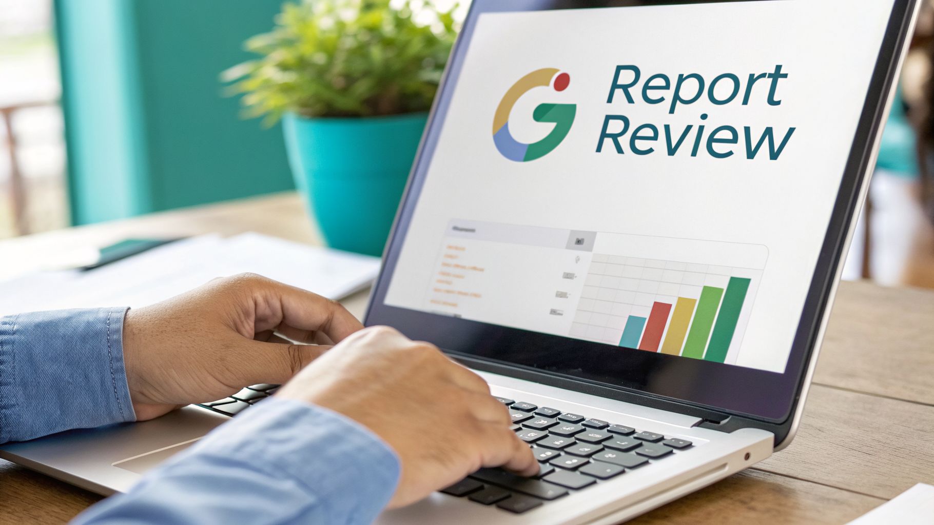 A person is typing on a laptop showing a Google Report Review screen with a bar chart, indicating data analysis.