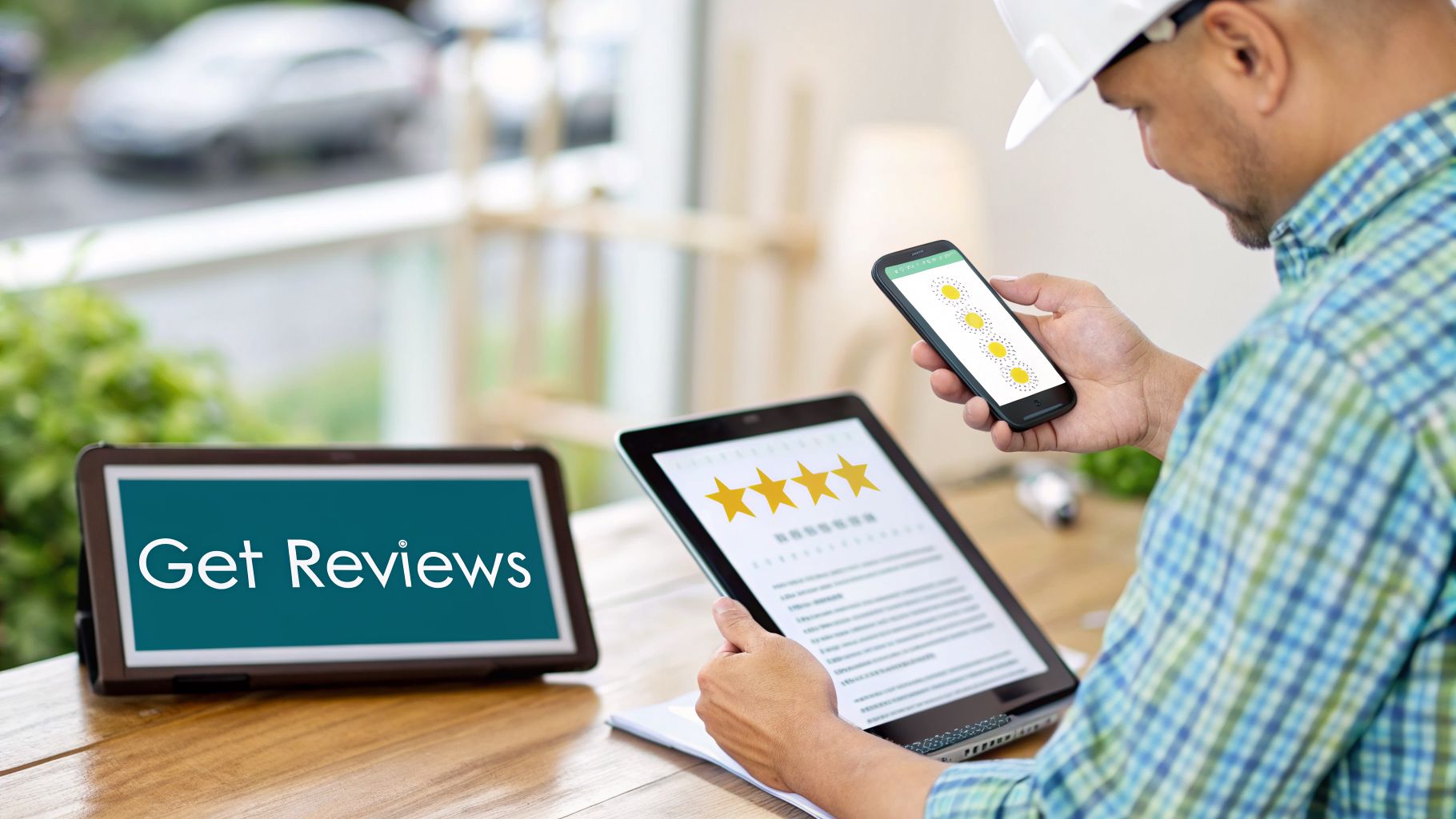 Construction worker using a smartphone and tablet to manage online customer reviews and ratings.