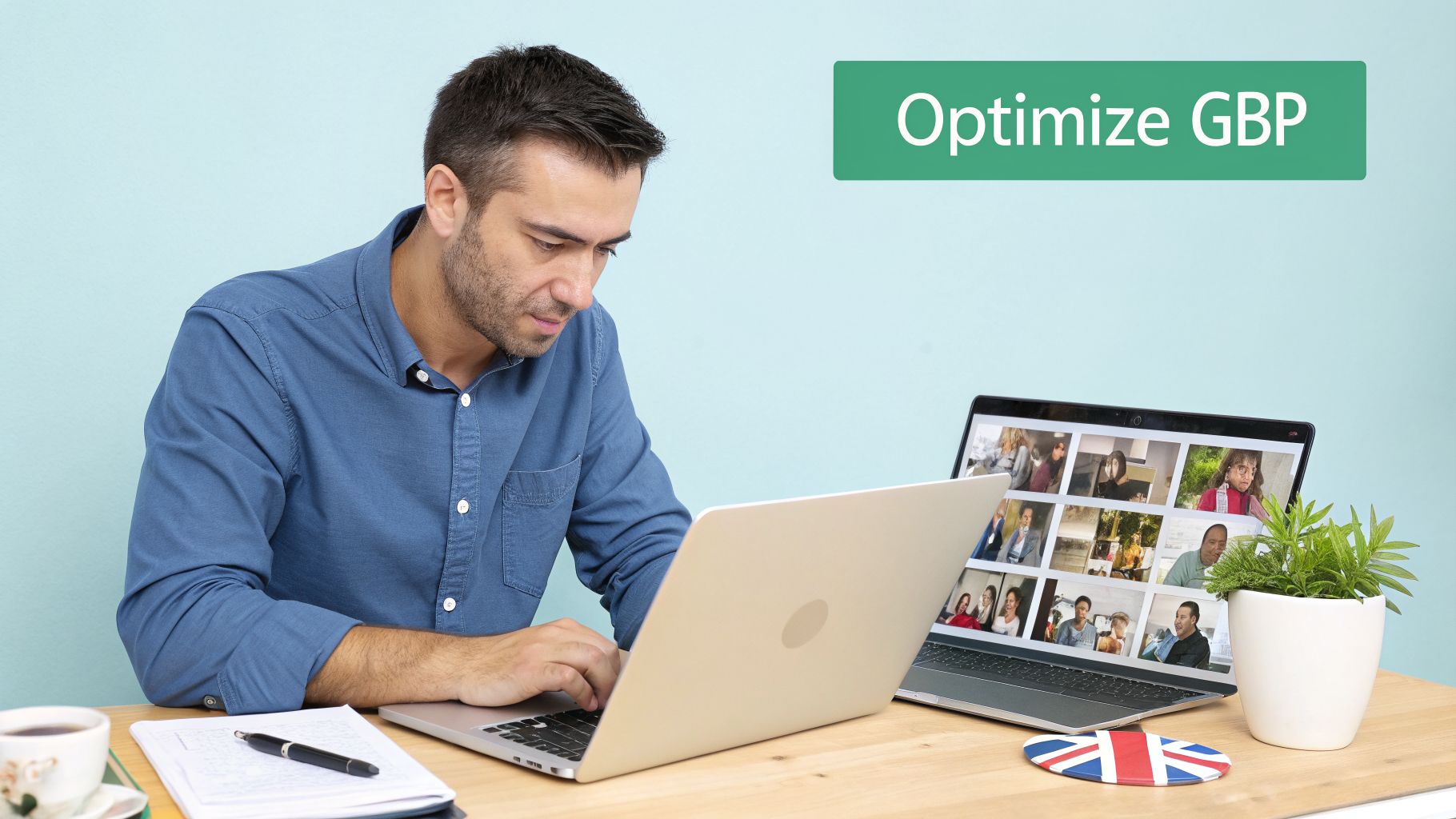 Man optimizing GBP on a laptop with a video conference, British flag coaster on desk.