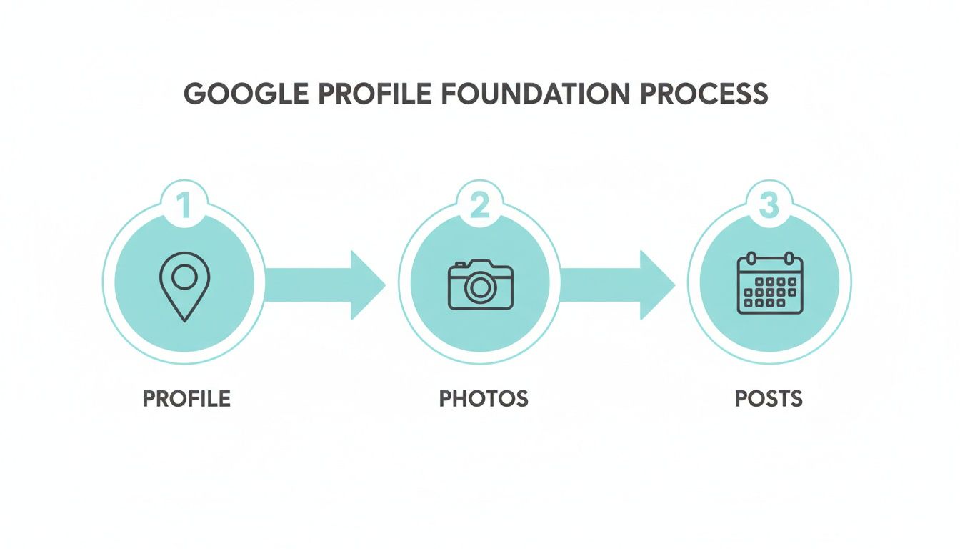 Infographic showing the Google Profile Foundation Process with three steps: Profile, Photos, and Posts.