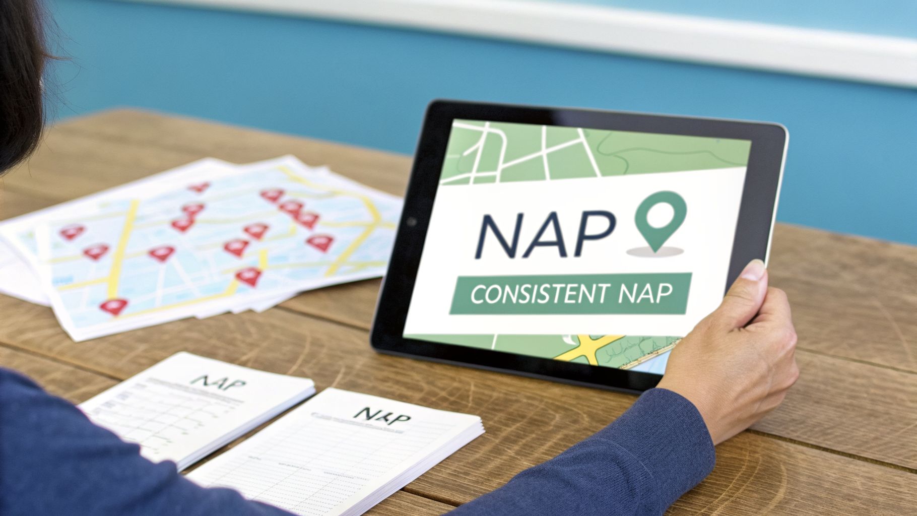 A person holds a tablet displaying 'NAP Consistent NAP' with maps and documents.