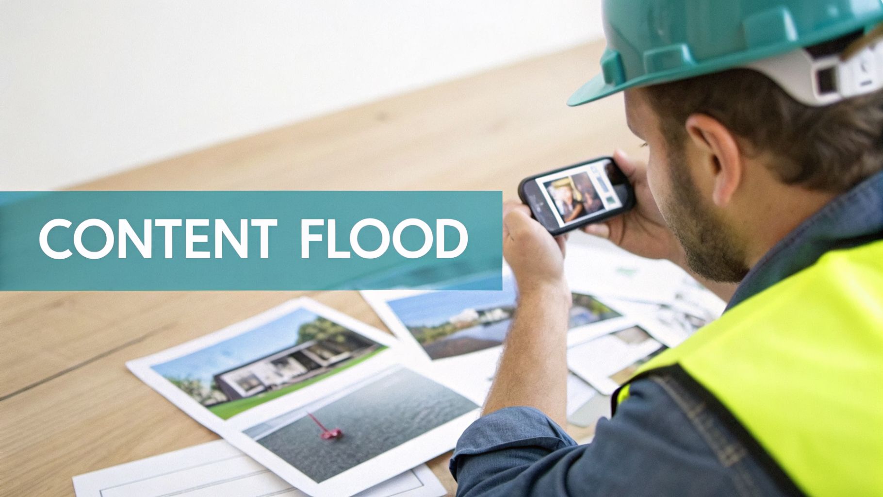 A construction worker in a hard hat reviews content on a smartphone, surrounded by photos and the text 'CONTENT FLOOD'.