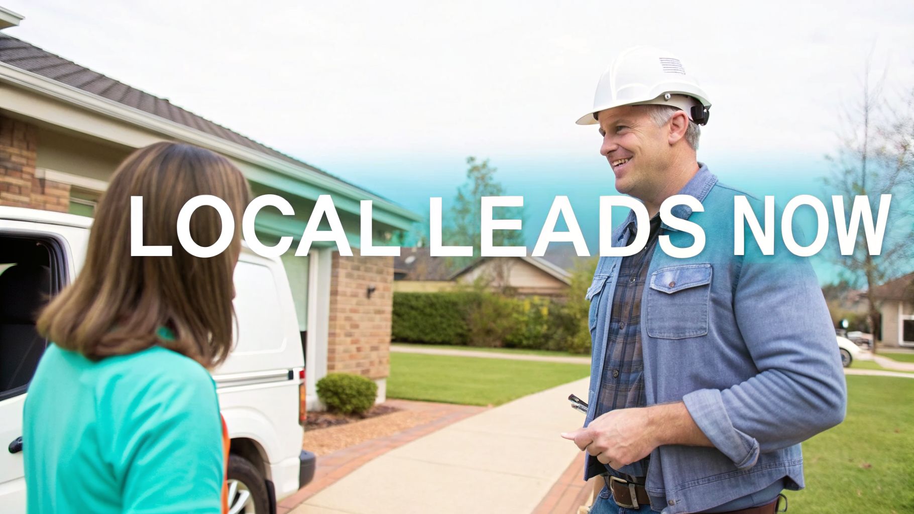 A smiling contractor in a hard hat talks to a woman near a service van with 'LOCAL LEADS NOW' text overlay.