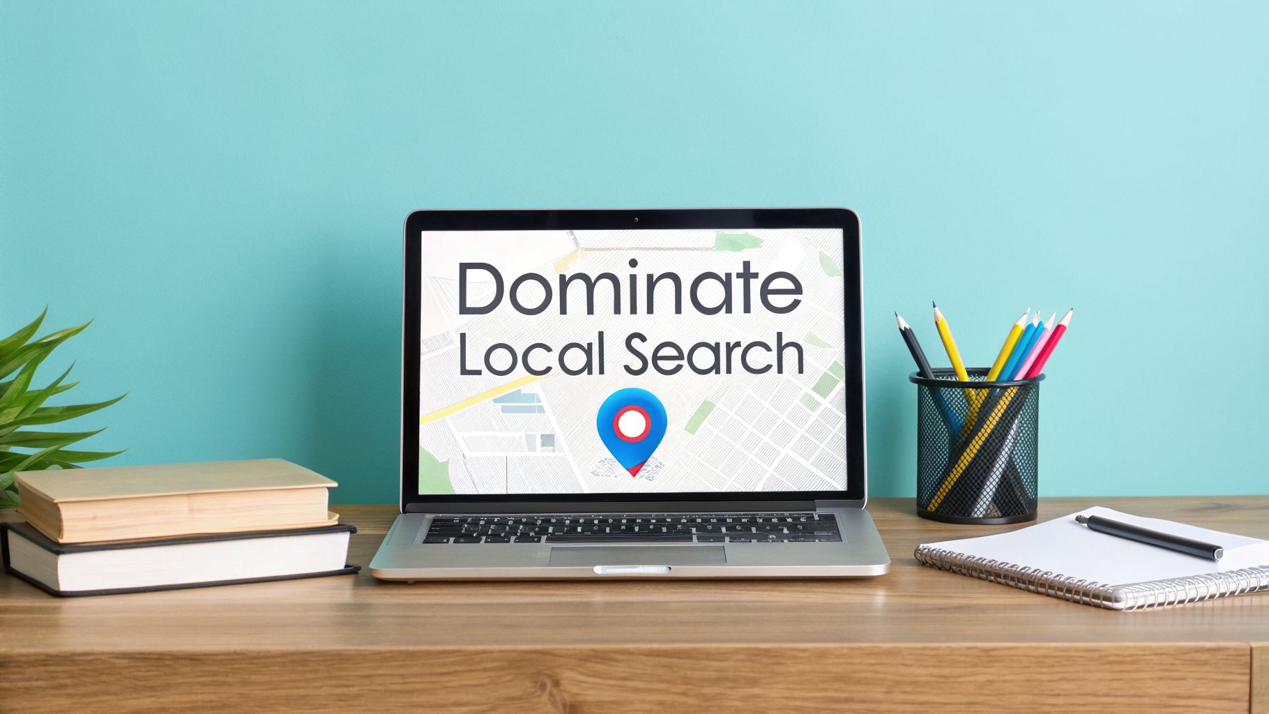 Laptop displaying 'Dominate Local Search' on a map with a location pin, on a wooden desk.