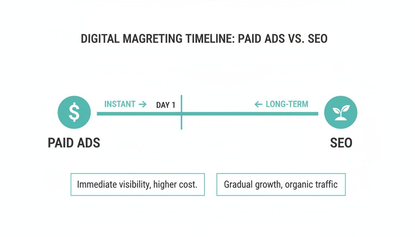 Digital marketing timeline comparing instant paid ads with long-term gradual SEO growth.