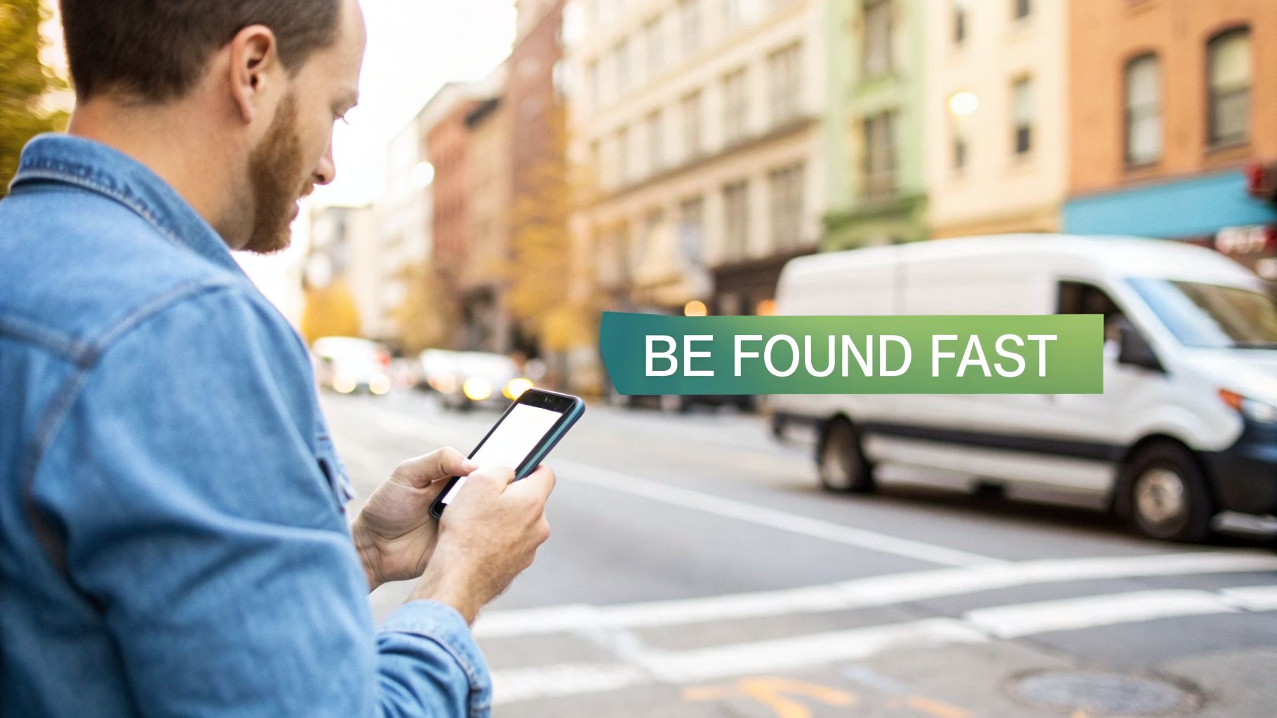 A man on a city street looks at his smartphone, with 'BE FOUND FAST' text overlay, symbolizing online visibility.