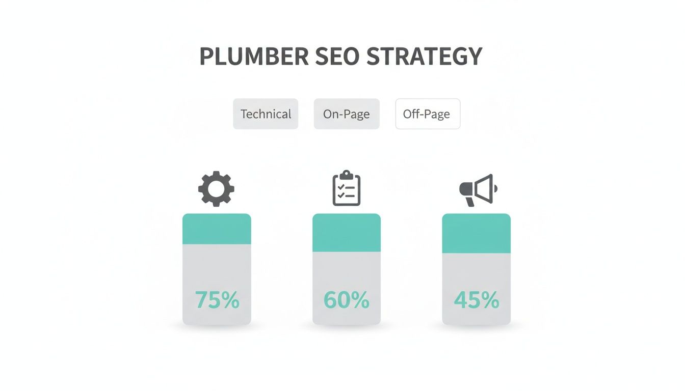 Plumber SEO strategy showing technical 75%, on-page 60%, and off-page 45% completion.