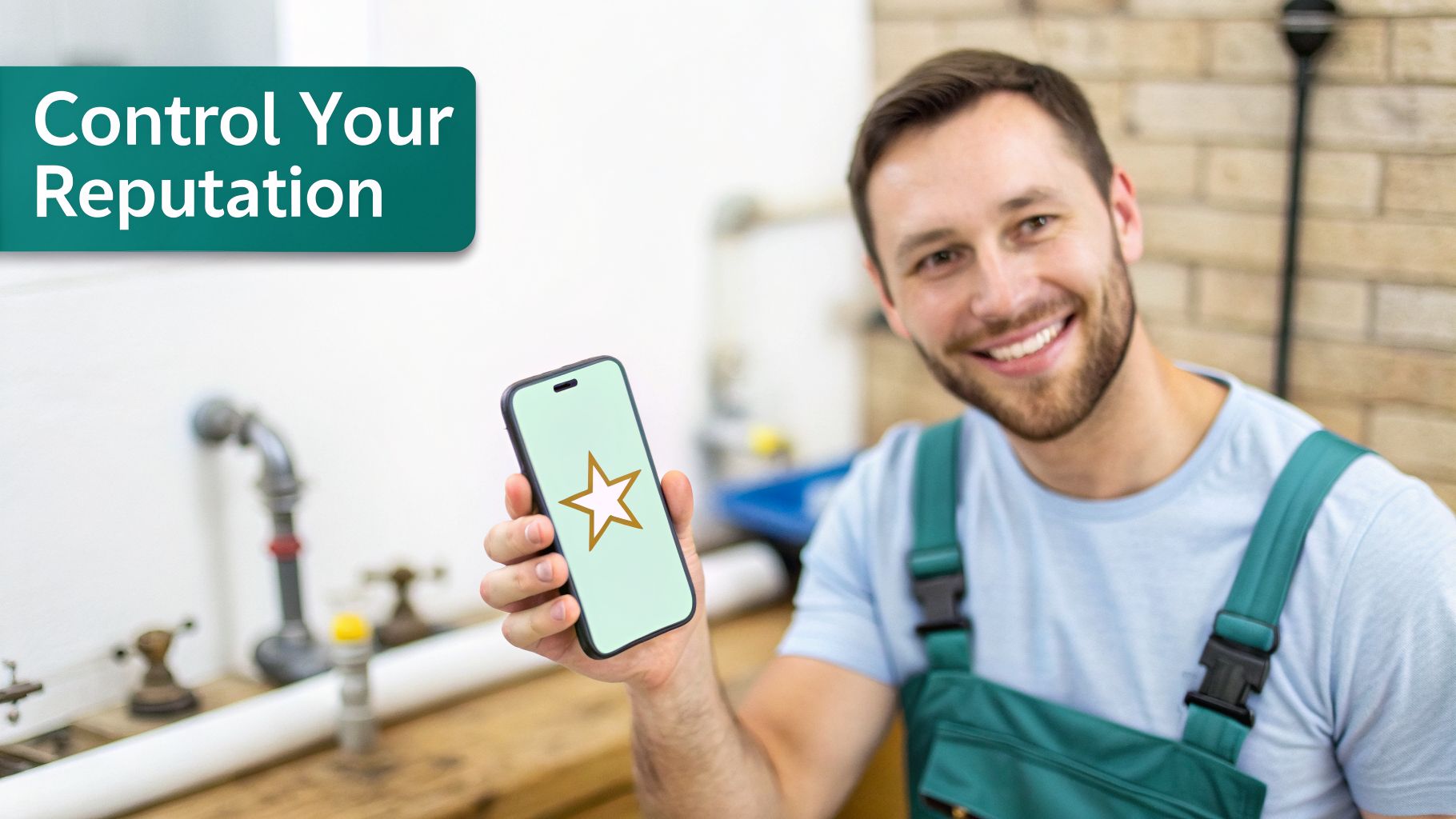 A smiling plumber in green overalls holds a smartphone displaying a star, promoting online reputation management.
