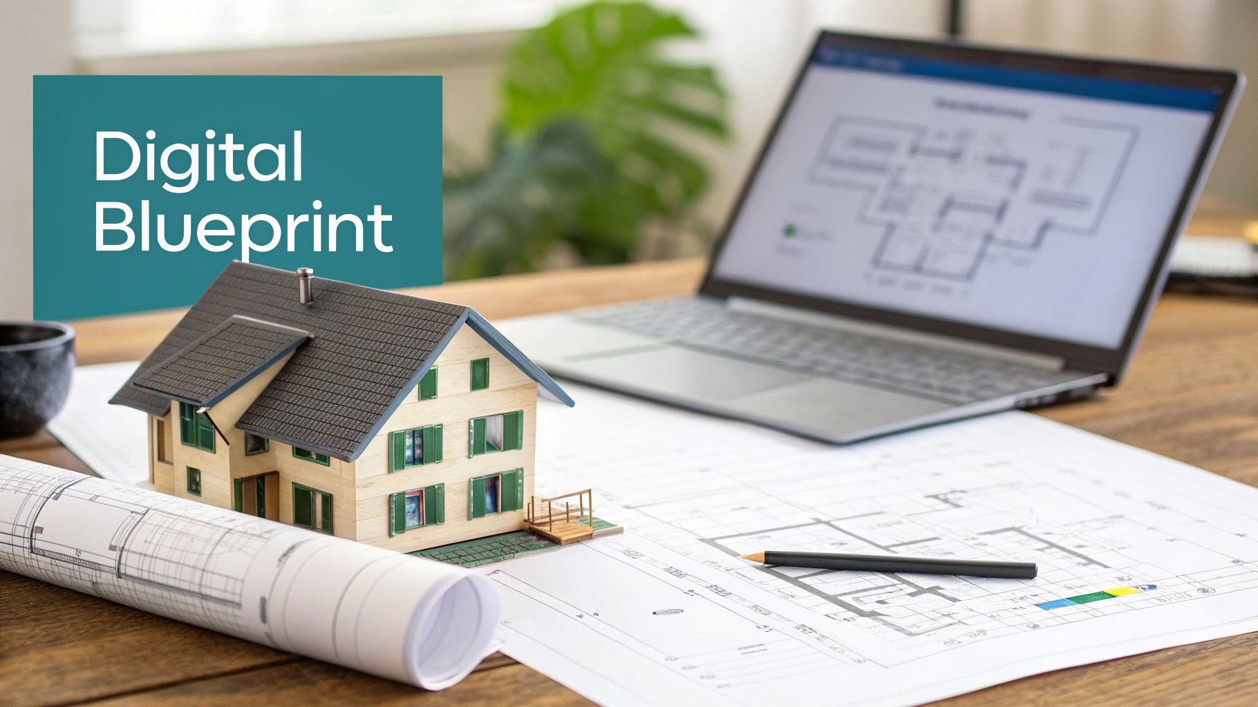 Digital blueprint concept with a house model, architectural plans, and a laptop.