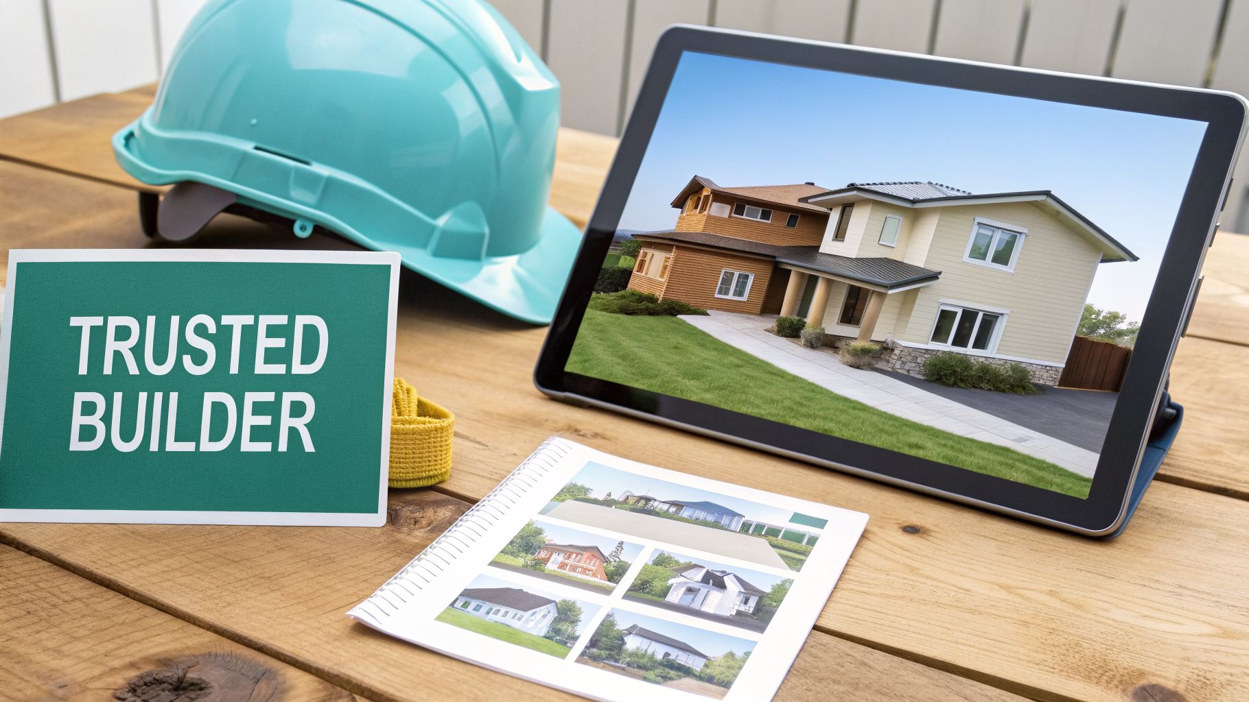 A construction helmet, 'Trusted Builder' sign, tablet displaying a house, and house design booklet.