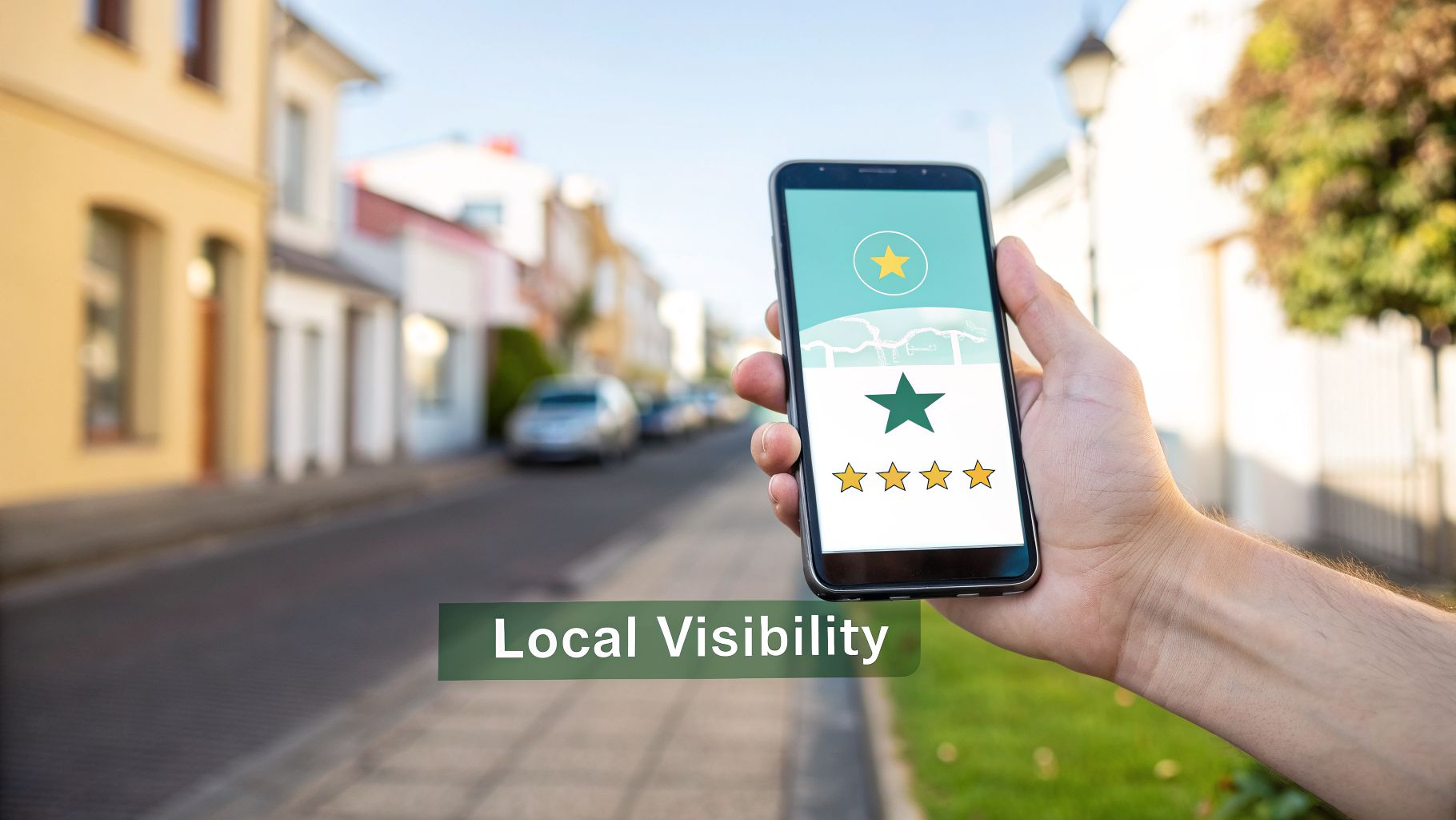 A hand holds a smartphone displaying a local review app with stars, symbolizing improved local visibility for businesses.