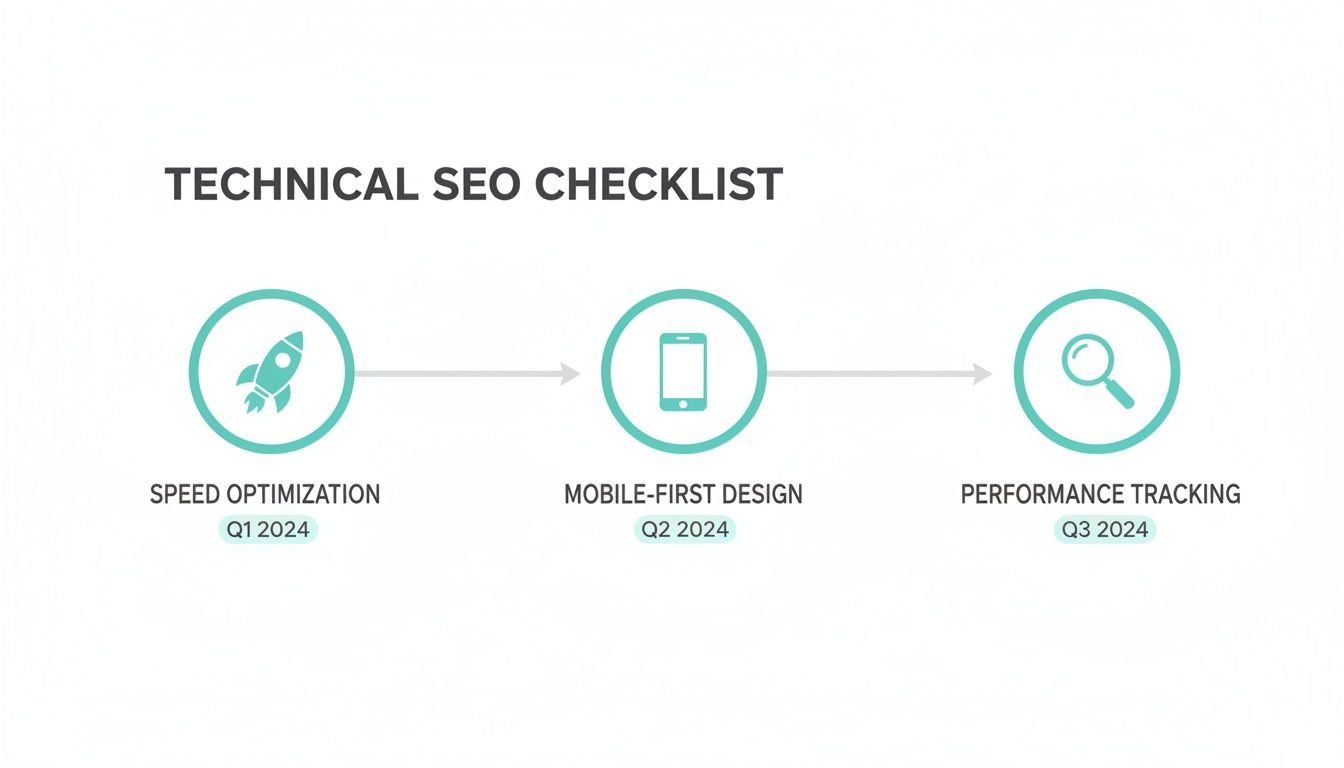 A technical SEO checklist illustrating speed optimization, mobile-first design, and performance tracking for 2024.
